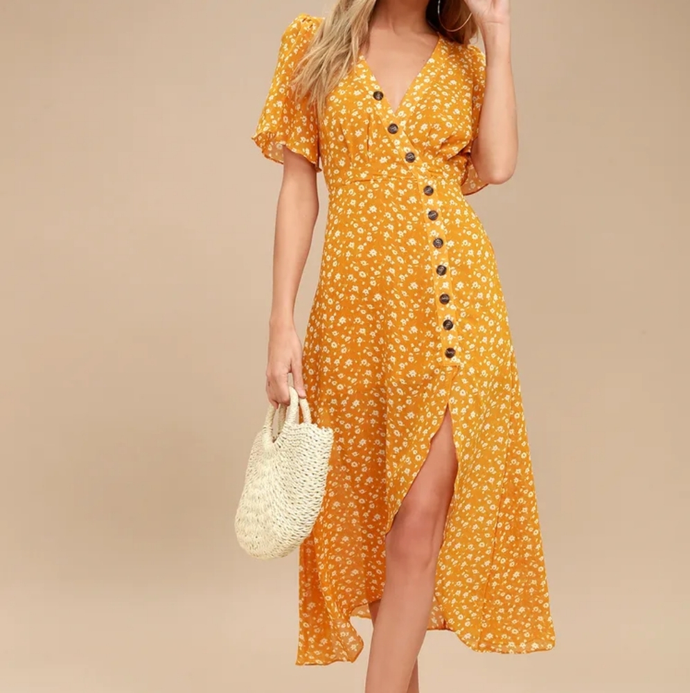 Lulus After-Bloom Delight Golden Yellow Floral Print Midi Dress Extra Sm…